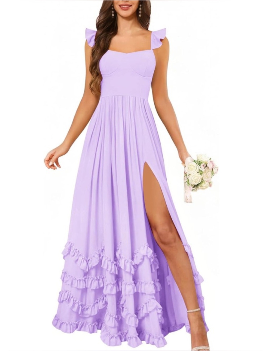 Women's Tiered Chiffon Ruffle Bridesmaid Dresses with Slit Flutter Sleeves Sweet